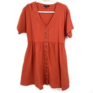 Madewell Lightspun Button-Front babydoll Mini‎ Dress cotton gauze boho rust M